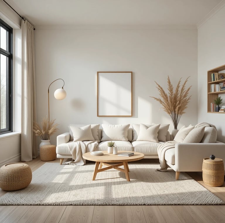 A beautifully styled minimalist living room with a neutral palette, layered textures including a sof