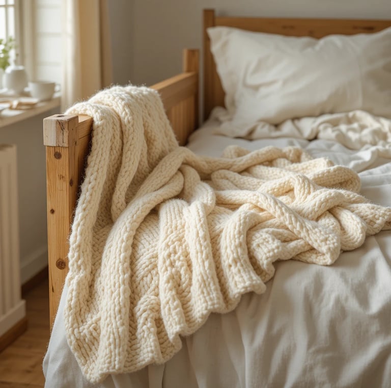 chunky hand-knit throw draped casually over the corner of a wooden bed frame with linen bedding, sof
