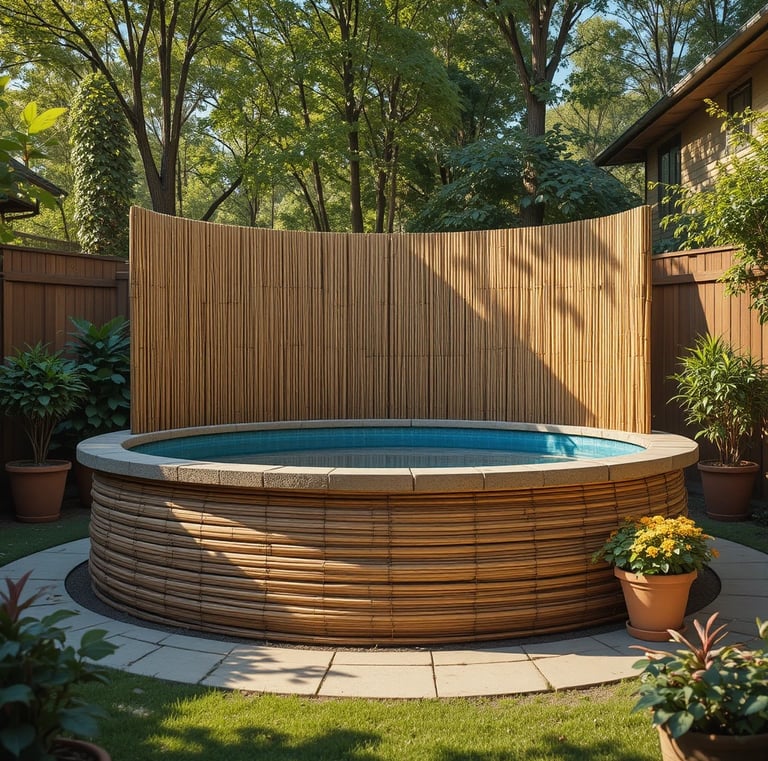 natural reed privacy screen wrapped around the base of an above ground pool in a sunny backyard, pot