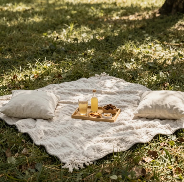 Soft textured picnic blanket spread on grass with cozy setup including cushions