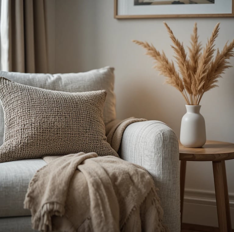 Close-up of a styled living room corner with a modern armchair, textured cushion, draped throw blank