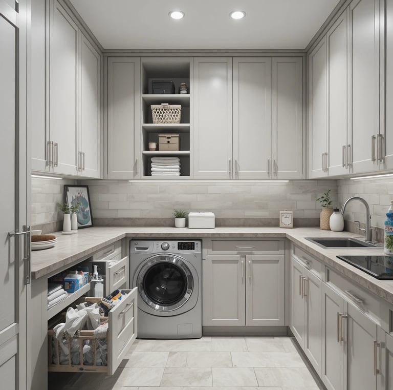 A minimalist laundry room with closed cabinets concealing storage, pull-out drawers slightly open sh