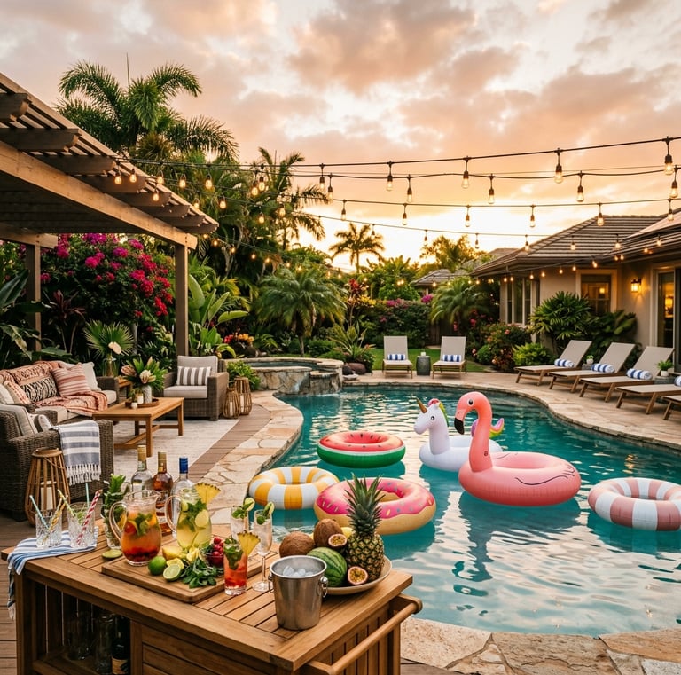 beautifully decorated backyard pool party at golden hour
