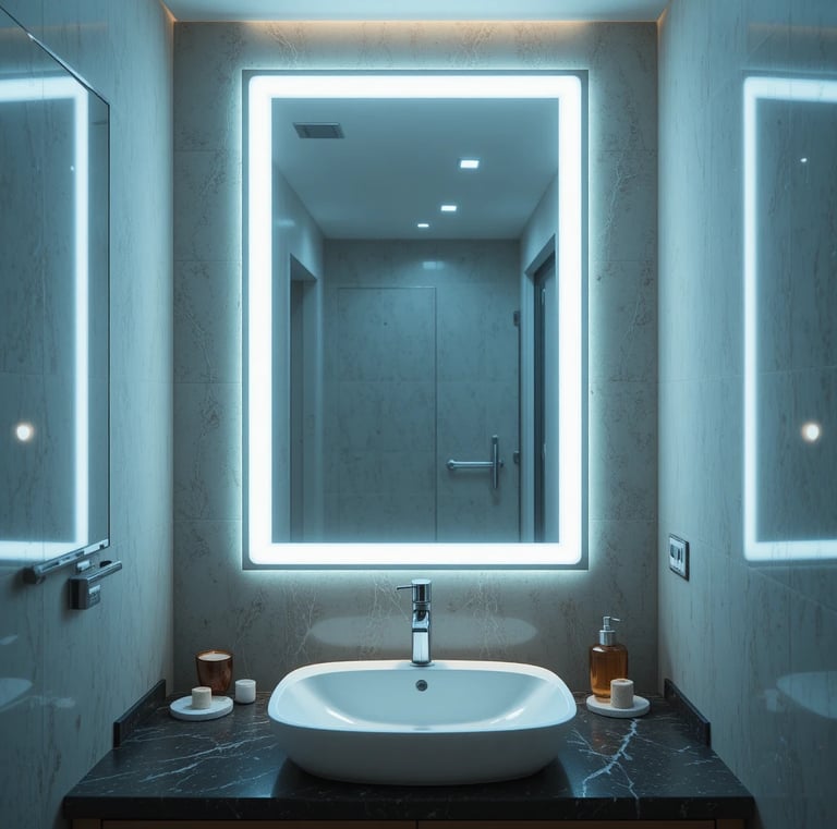 Modern tiny bathroom with illuminated LED mirror glowing softly