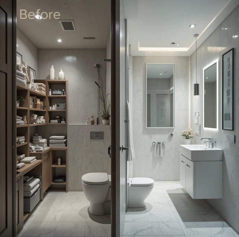 Minimal tiny bathroom split design showing before-and-after transformation, cramped cluttered bathro