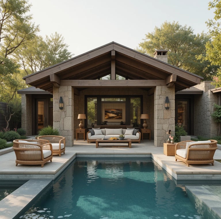 A luxurious pool house immersed in a serene organic modern oasis