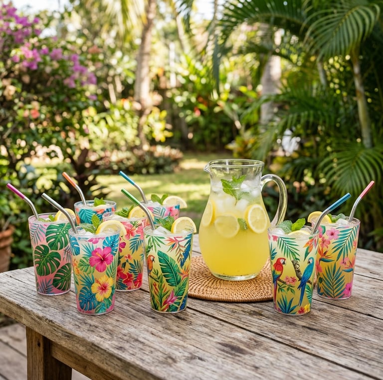  vignette of eight colorful tropical print acrylic cups arranged on a wooden outdoor table with a pi