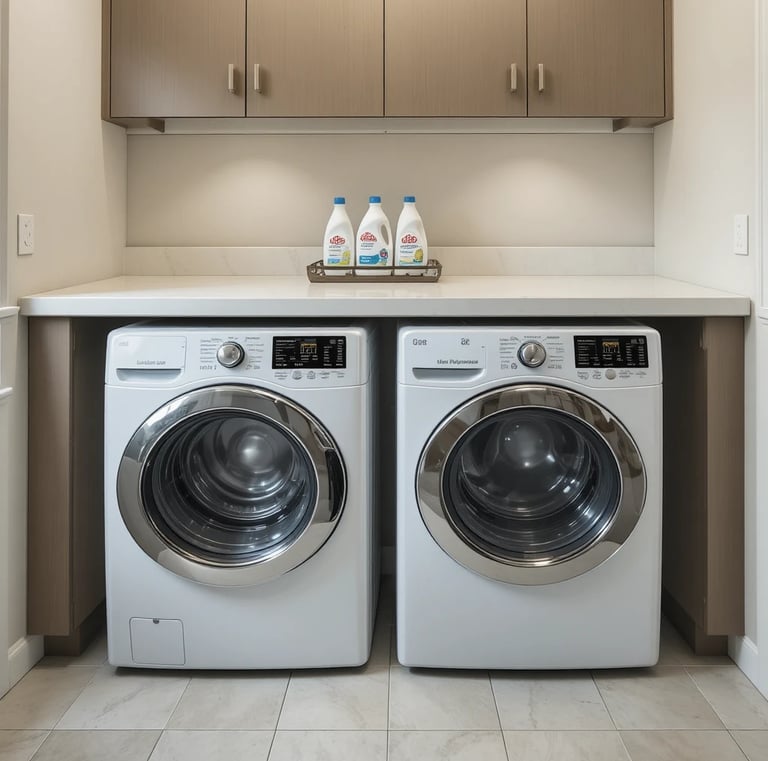 A modern laundry room with a wide clean countertop above front-load washer and dryer