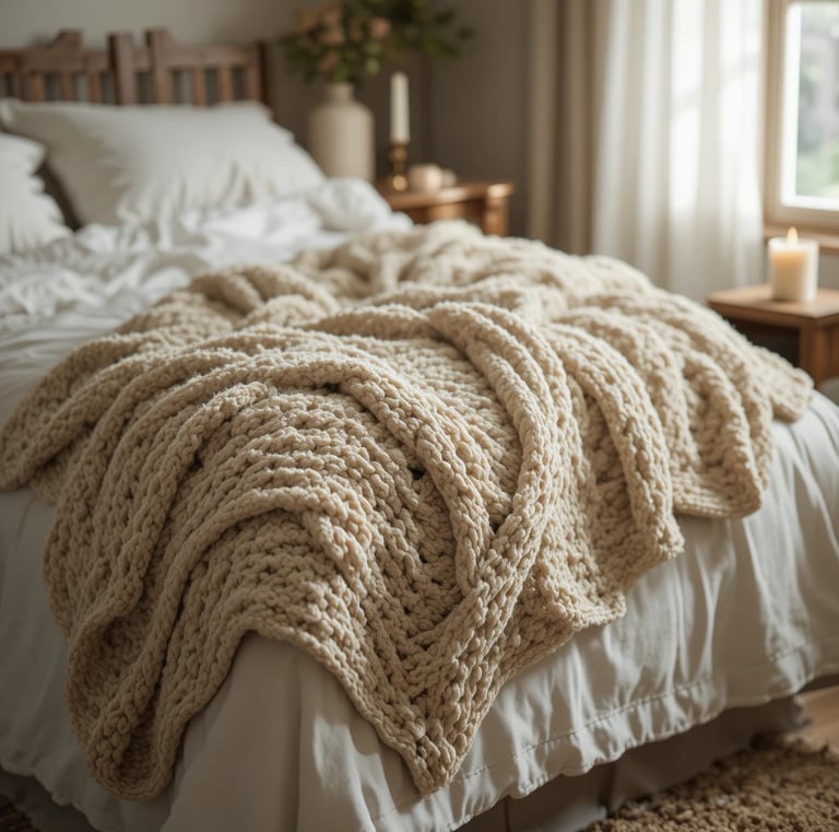 chunky oatmeal knit throw blanket casually draped over the foot of a linen-covered bed, soft morning