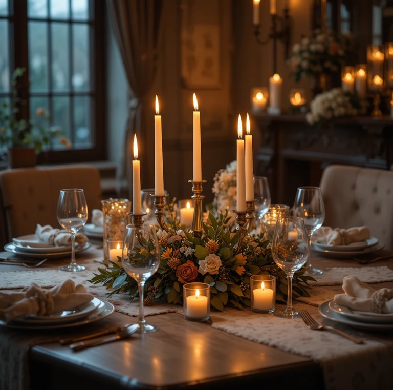 Warm cozy dining table centerpiece with multiple lit candles, soft glowing light, glass holders,