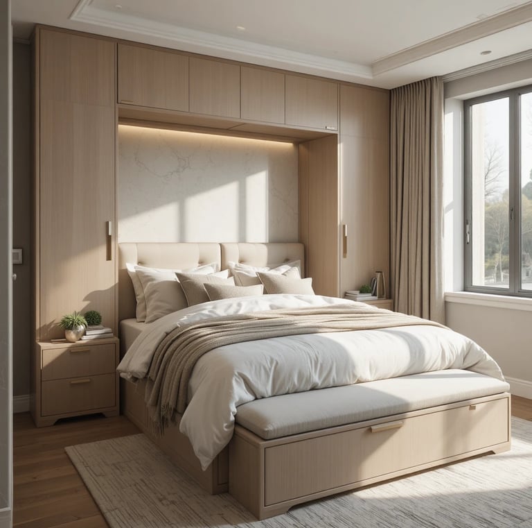 Compact bedroom featuring a bed with built-in storage drawers and a bench with hidden storage at the