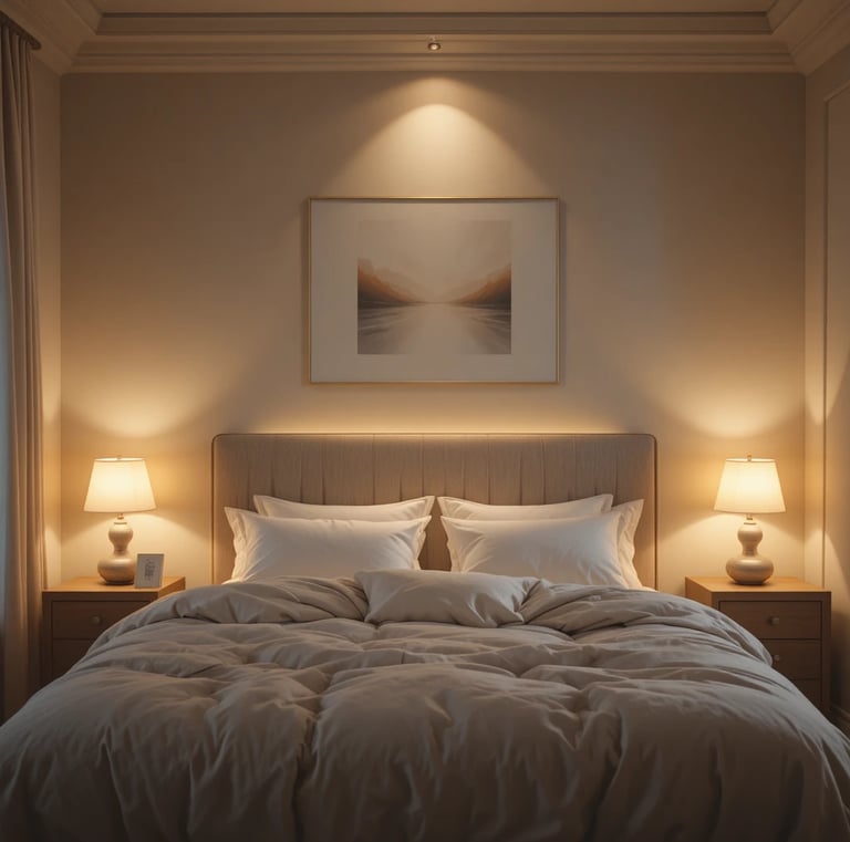 A cozy bedroom illuminated by warm bedside lamps and soft ambient lighting