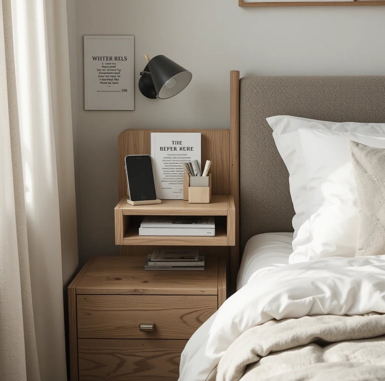 A compact bedroom setup with a bed featuring a bedside shelf caddy attached to the frame
