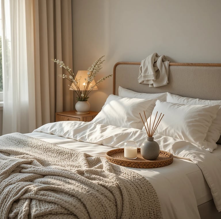 Photorealistic editorial bedroom scene with all five steps applied — a beautifully layered ivory lin
