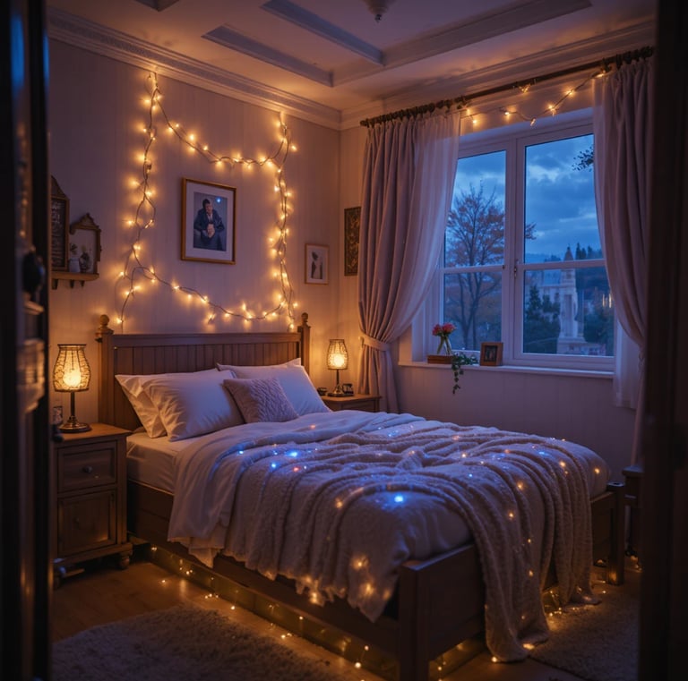 A small bedroom at night with warm layered lighting, fairy lights glowing softly around the bed