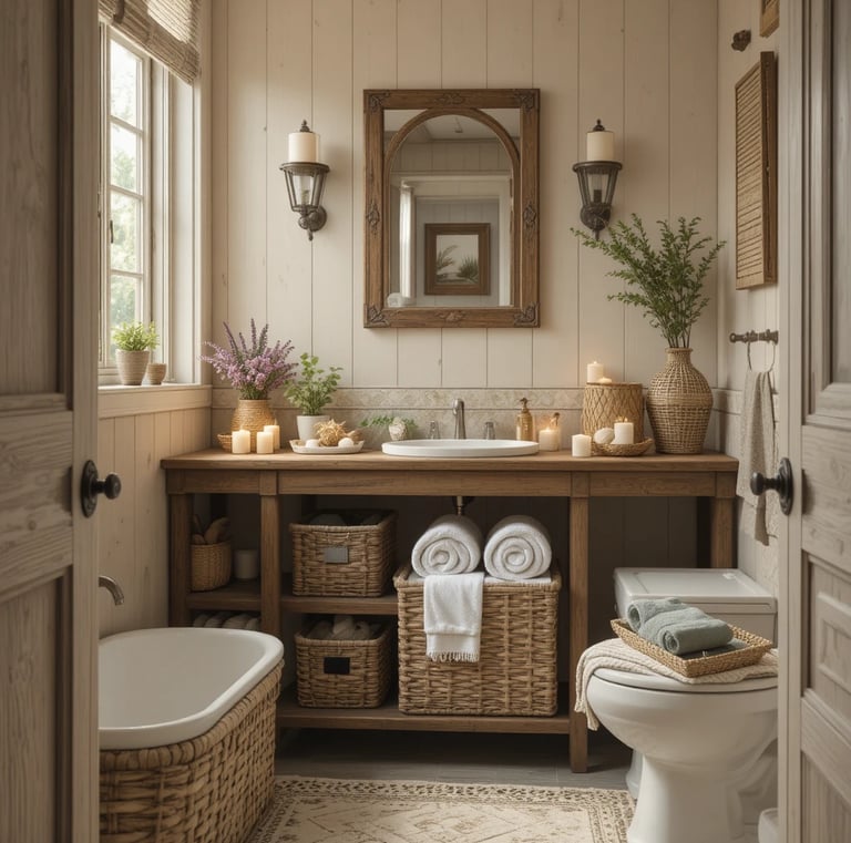 Cozy farmhouse-style tiny bathroom with woven baskets used for storage, soft beige and wood tones