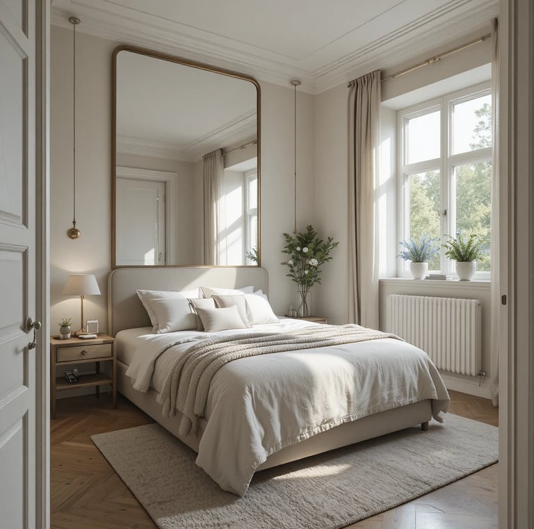 Tiny bedroom with a large floor mirror reflecting natural light from a window
