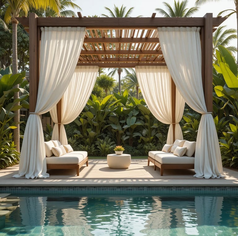 A luxurious, ultra-realistic, high-end outdoor poolside cabana