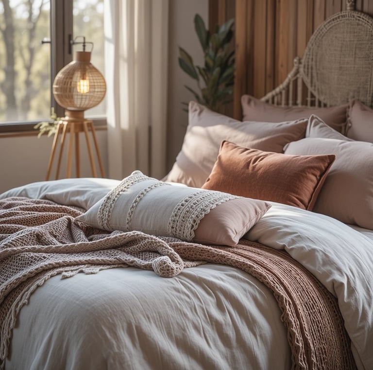 hotorealistic editorial bedroom scene showing layered textures in action — a linen duvet with a waff