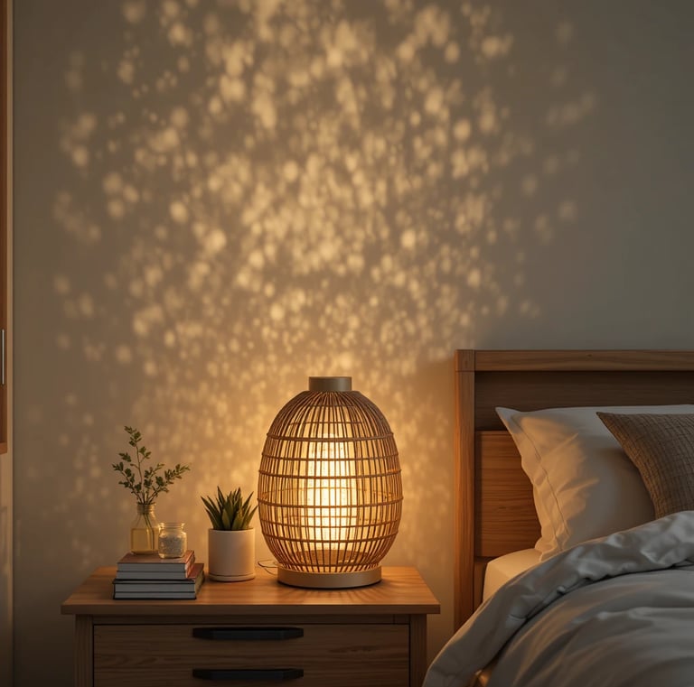 natural rattan table lamp glowing warmly on a wooden nightstand beside a bed with linen bedding