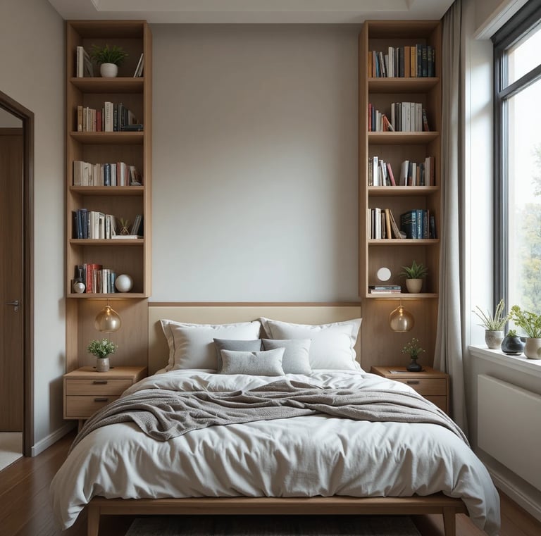 Small bedroom with tall floating wooden shelves above the bed filled with books and neutral decor
