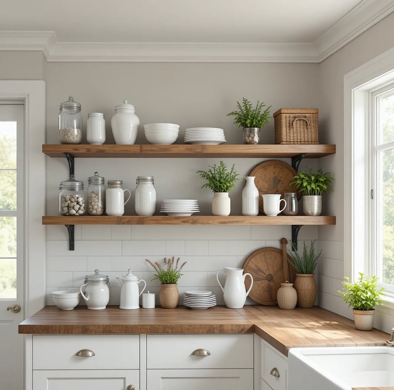 A charming farmhouse kitchen with open wooden shelves