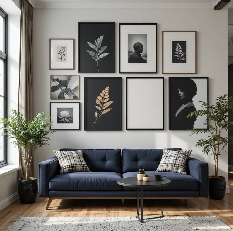 Gallery wall with multiple minimalist frames in black and wood tones, styled artwork, clean arrangem