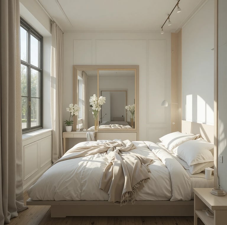A compact bedroom with a large mirror reflecting natural light