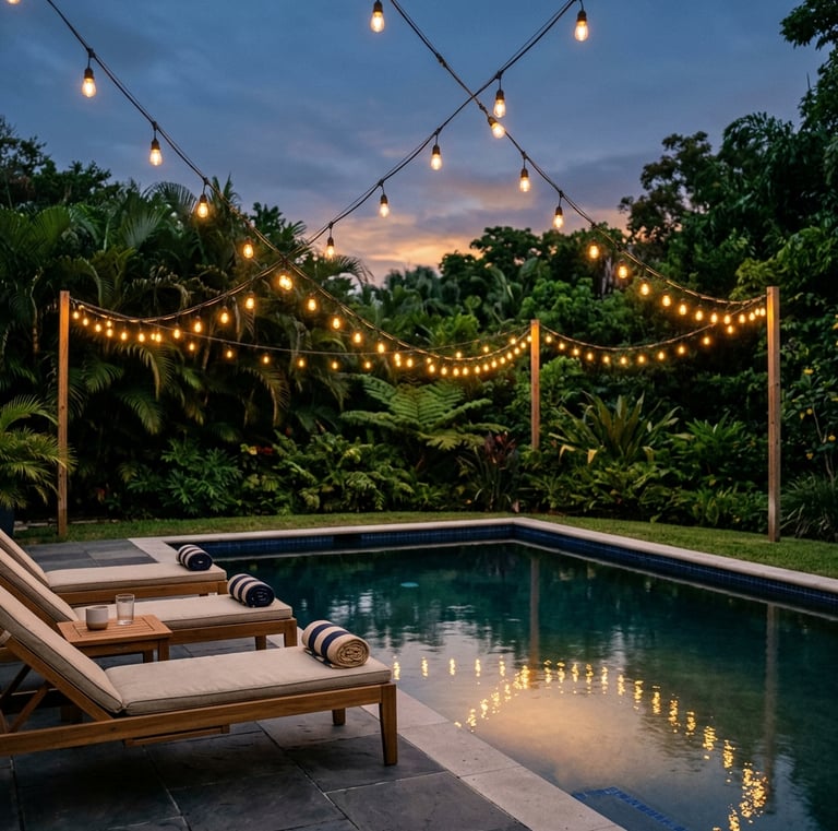 warm white Edison string lights strung in a zigzag pattern above a backyard pool at dusk, soft golde