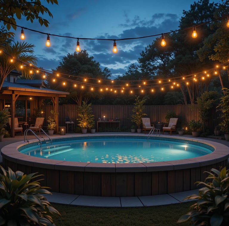  Edison bulb string lights looped above a round above ground pool at dusk, golden light reflecting o
