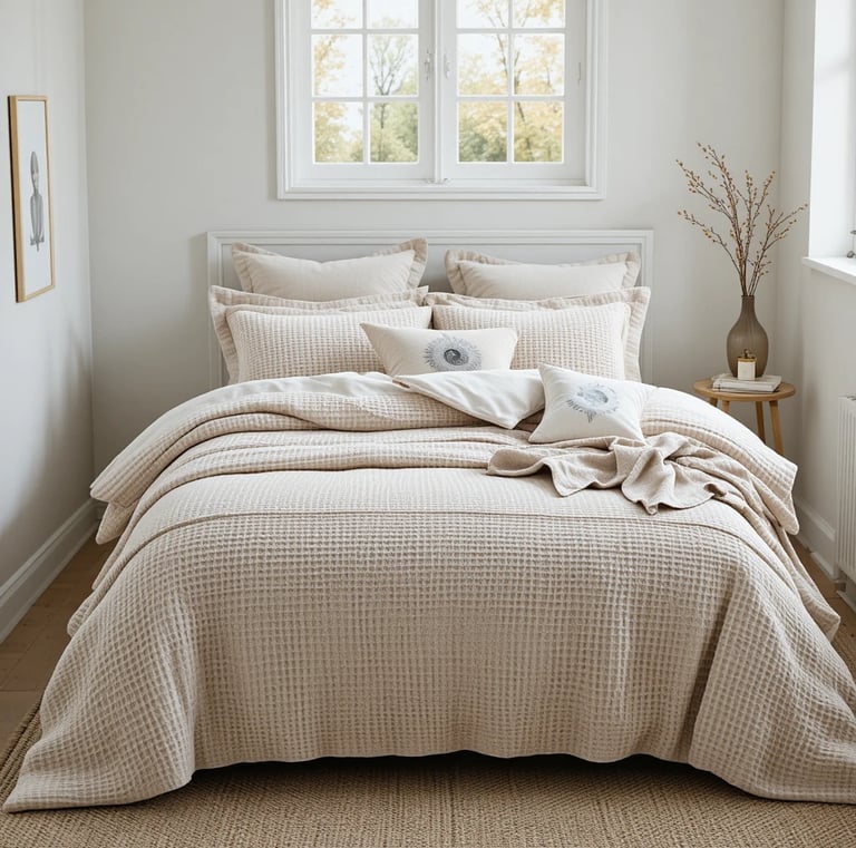A neatly styled bed in a small bedroom with a neutral waffle knit duvet cover in beige tones
