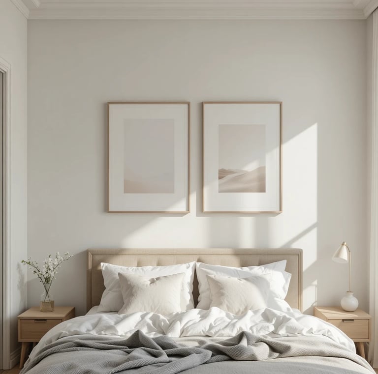 A small bedroom wall above a bed decorated with minimal neutral wall art prints in simple frames,