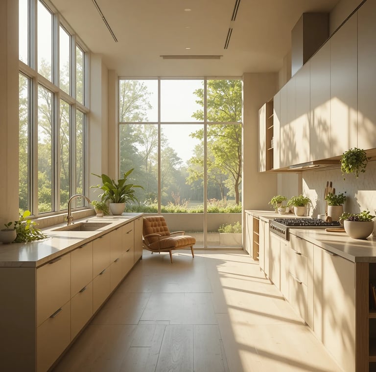 A serene modern kitchen bathed in warm sunlight, featuring expansive windows that flood the space wi