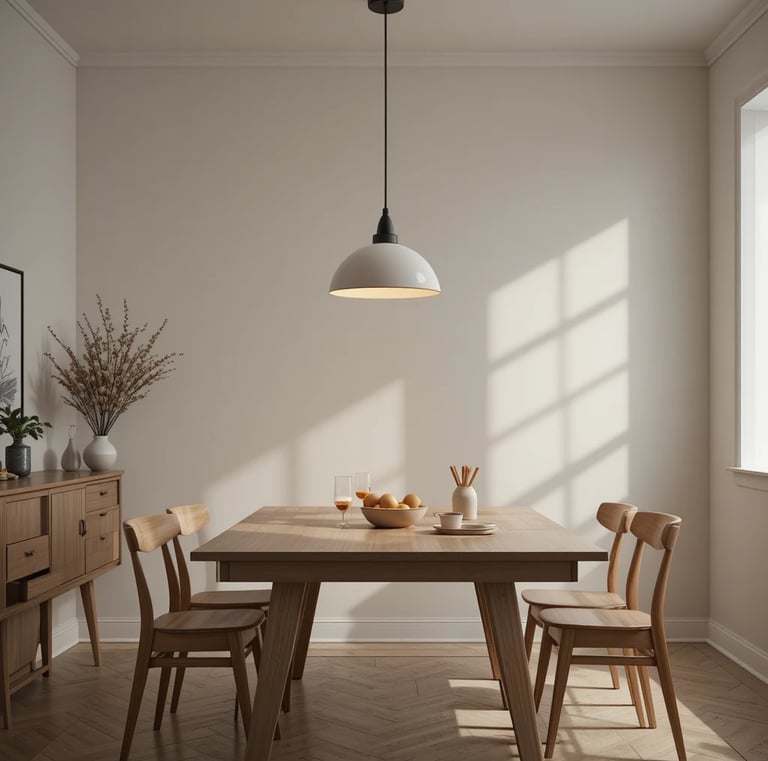 Minimalist warm pendant light hanging above dining table, glowing softly, cozy Scandinavian dining r