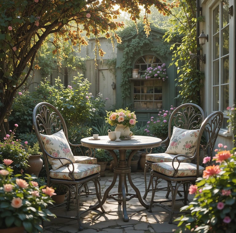 Charming outdoor seating area with wrought iron chairs and distressed wooden table