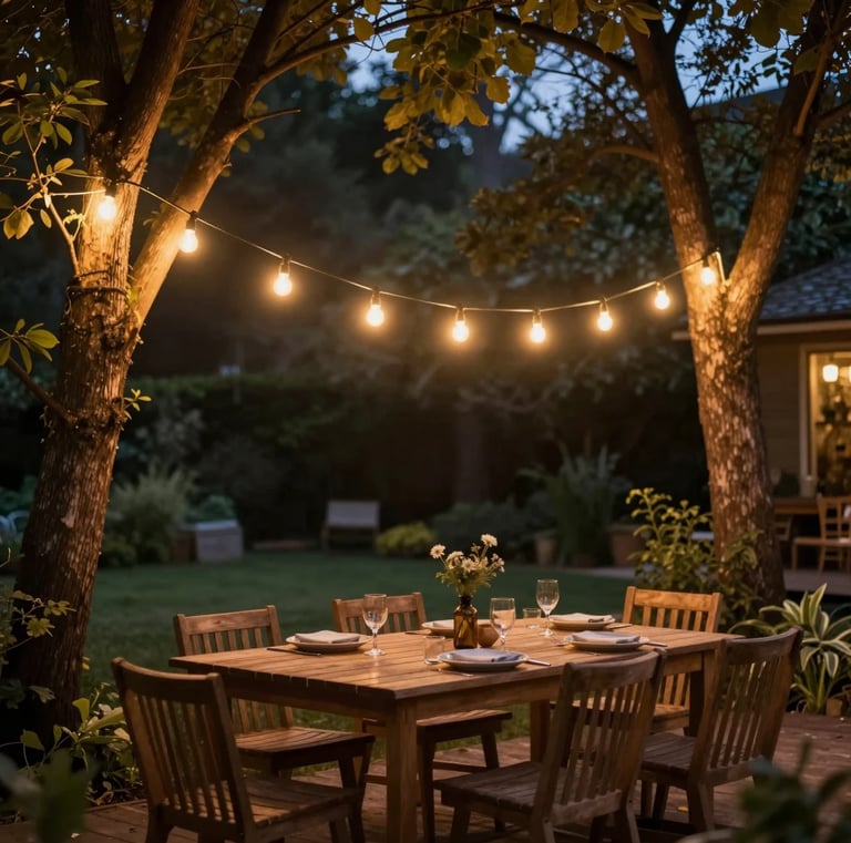 Outdoor backyard at dusk with warm string lights hanging across trees and above a wooden dining tabl
