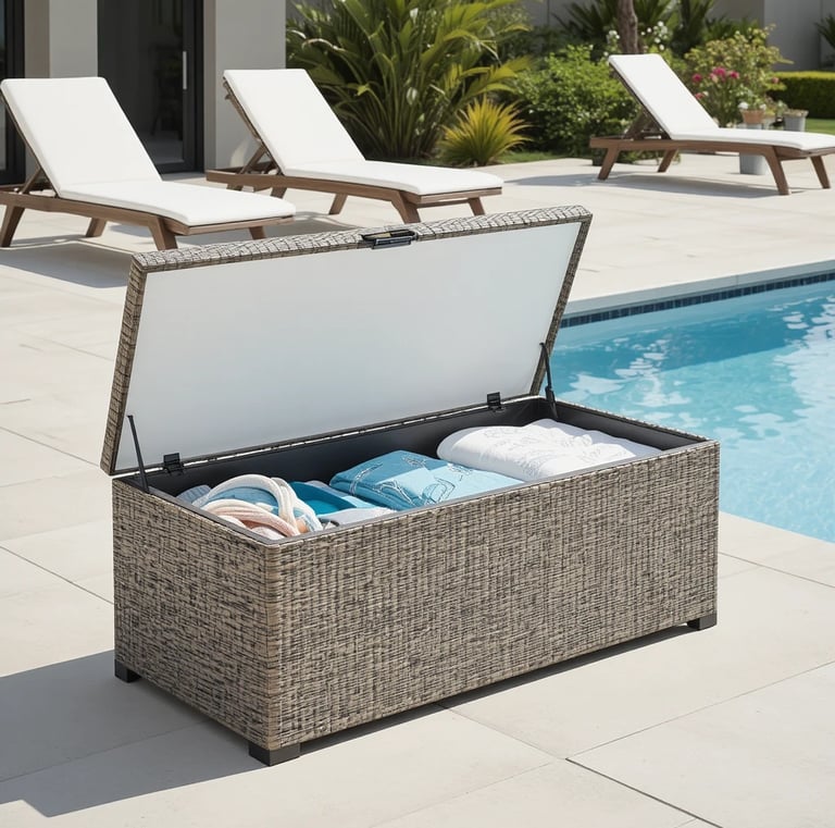 Clean, modern above ground pool deck area featuring a stylish waterproof storage deck box made of wo