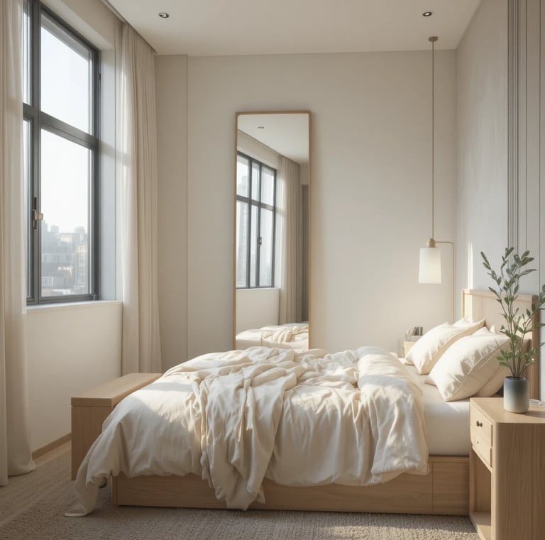 A small minimalist bedroom with a tall full-length mirror leaning against a wall