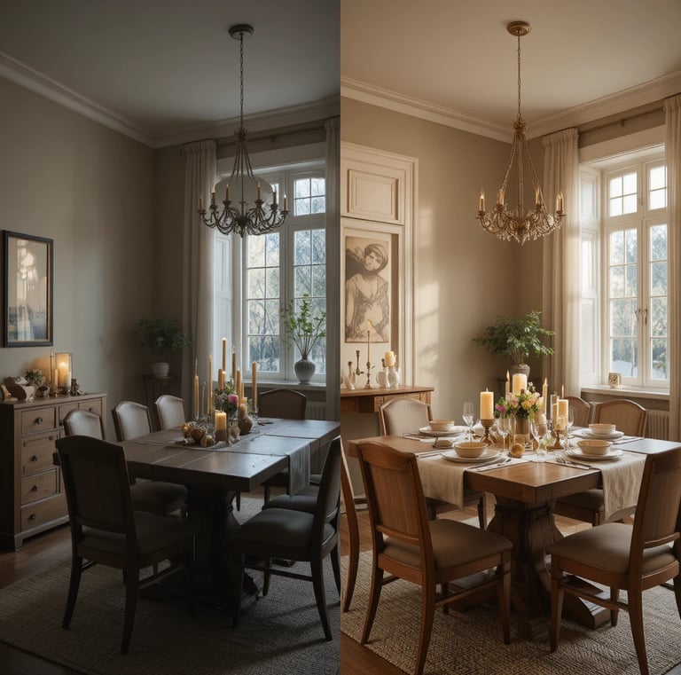 ining room with warm lighting, wooden table, linen textures, candles, styled centerpiece