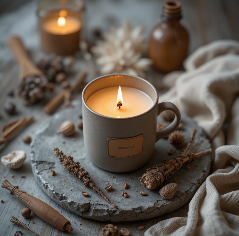 matte ceramic soy candle with a wooden wick glowing warmly on a stone tray, surrounded by dried bota