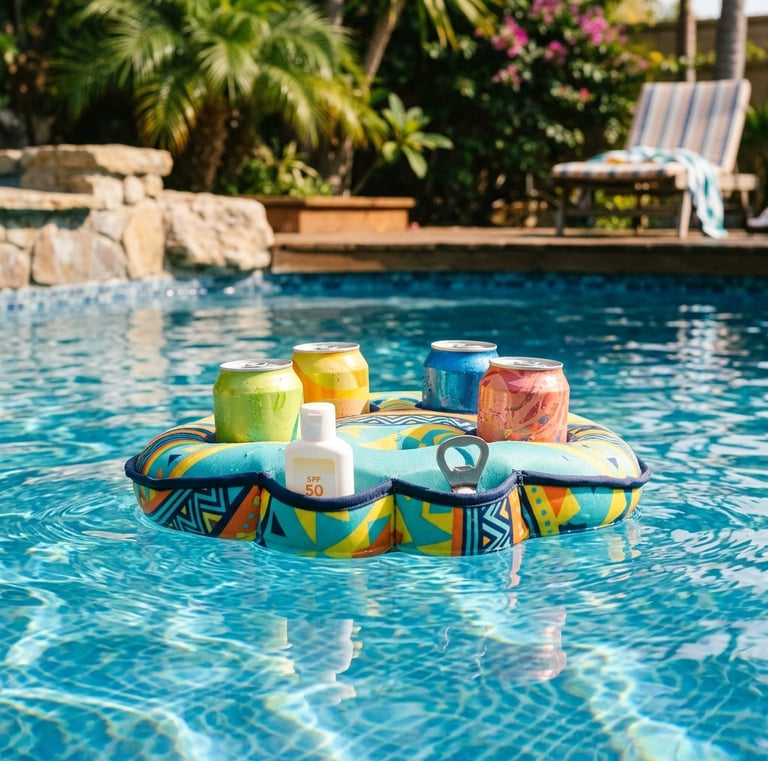 vignette of a colorful floating drink caddy in a bright blue pool with canned drinks and a small sun