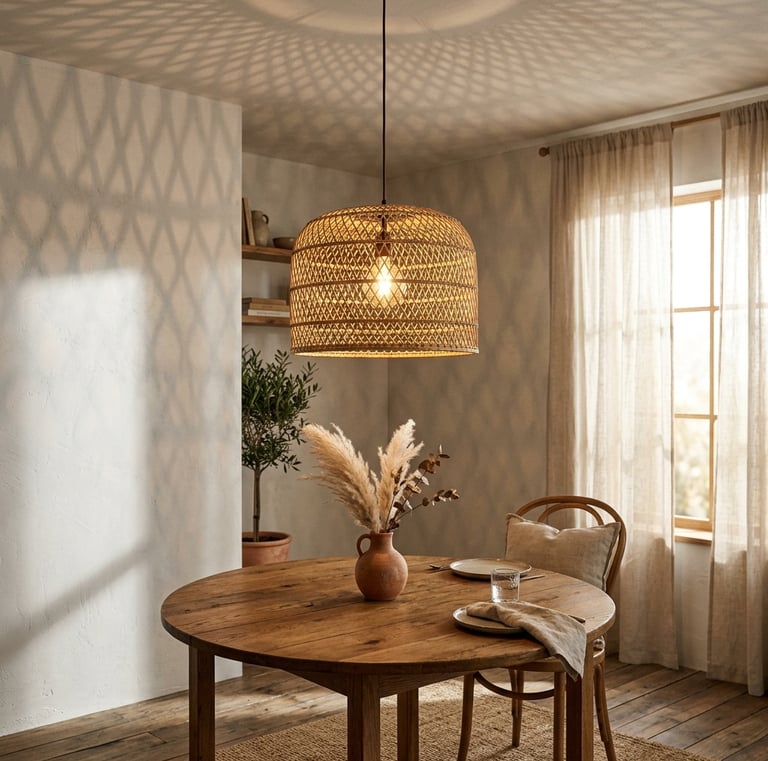 Photorealistic editorial interior vignette of a natural open-weave rattan drum pendant light glowing