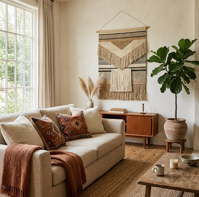Photorealistic editorial interior of a warm bohemian living room with a linen sofa, one terracotta t