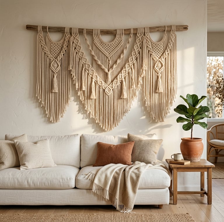 Photorealistic editorial vignette of a large natural cotton macrame wall hanging with a driftwood ro