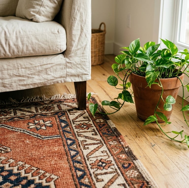 Photorealistic editorial vignette of a hand-knotted terracotta and cream kilim rug on light oak hard