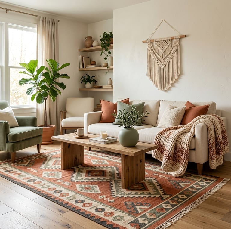 hotorealistic editorial interior of a living room demonstrating the three principles in action — a l
