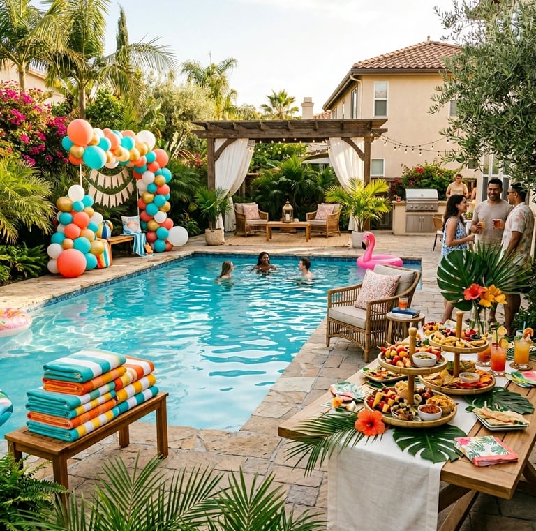  a bold color-coordinated towel and balloon display near the pool edge