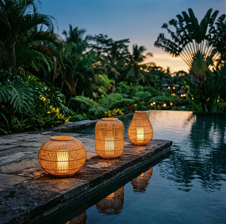  vignette of three rattan lanterns glowing softly along a pool edge at dusk, warm amber light, tropi