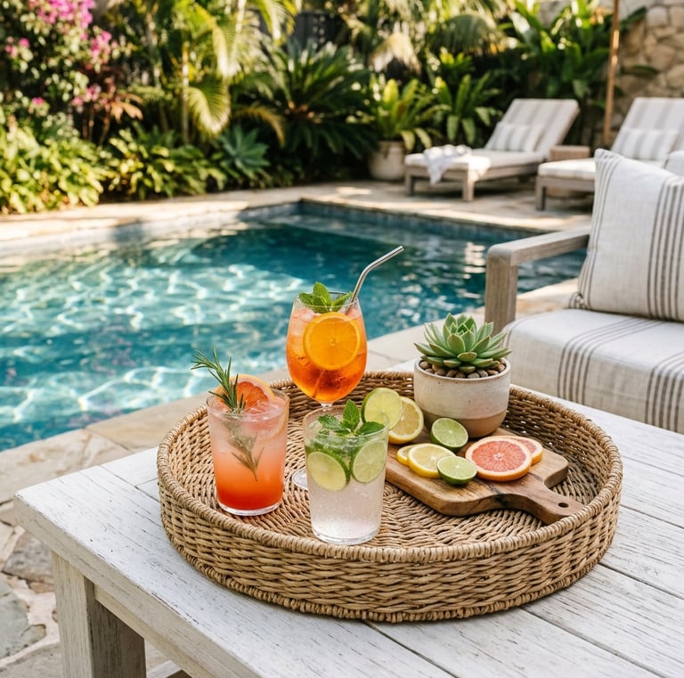 woven seagrass tray styled on a white outdoor table beside a pool, topped with colorful drinks in cl