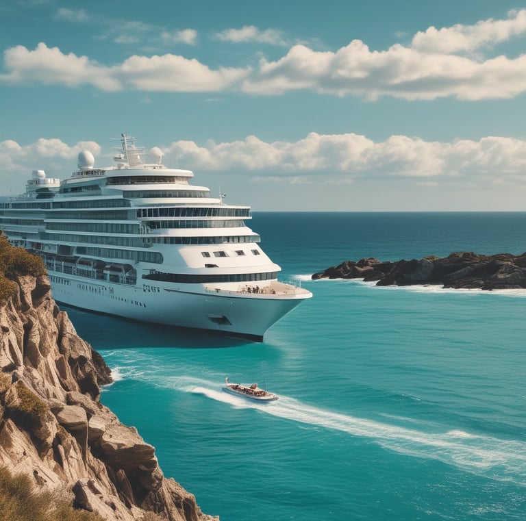 A luxury cruise ship sailing past turquoise waters with clear blue skies overhead.